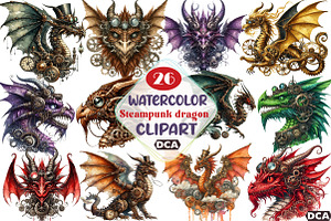 Watercolor Steampunk dragon Clipart, an Illustration by DreamCafeArt