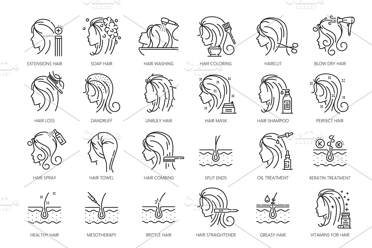 Hair care and treatment icons, a Healthcare Illustration by Vector Tradition