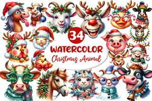 Christmas Farm Animal Face Clipart, an Illustration by Dream Creation