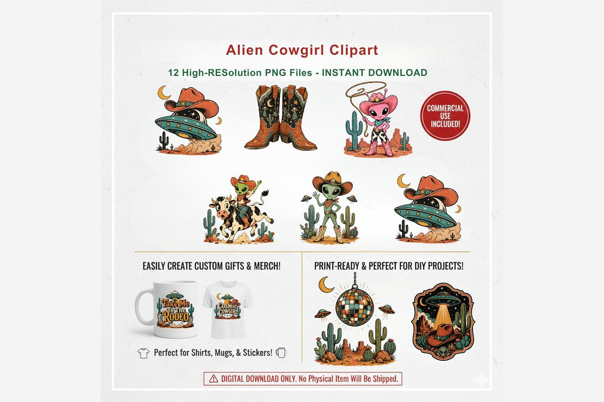 Alien Cowgirl Clipart Bundle, a Technology Illustration by Tanya Kart (Photo 2 of 5)