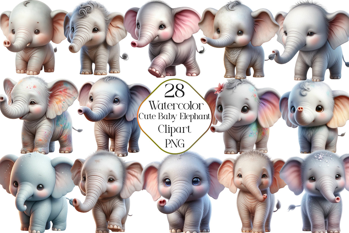 Watercolor Baby Elephant Clipart, an Illustration by CraftArtStudio (Photo 1 of 5)