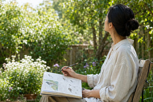Woman sketching garden birds outdoor, a Photo by Dvoevnore photos
