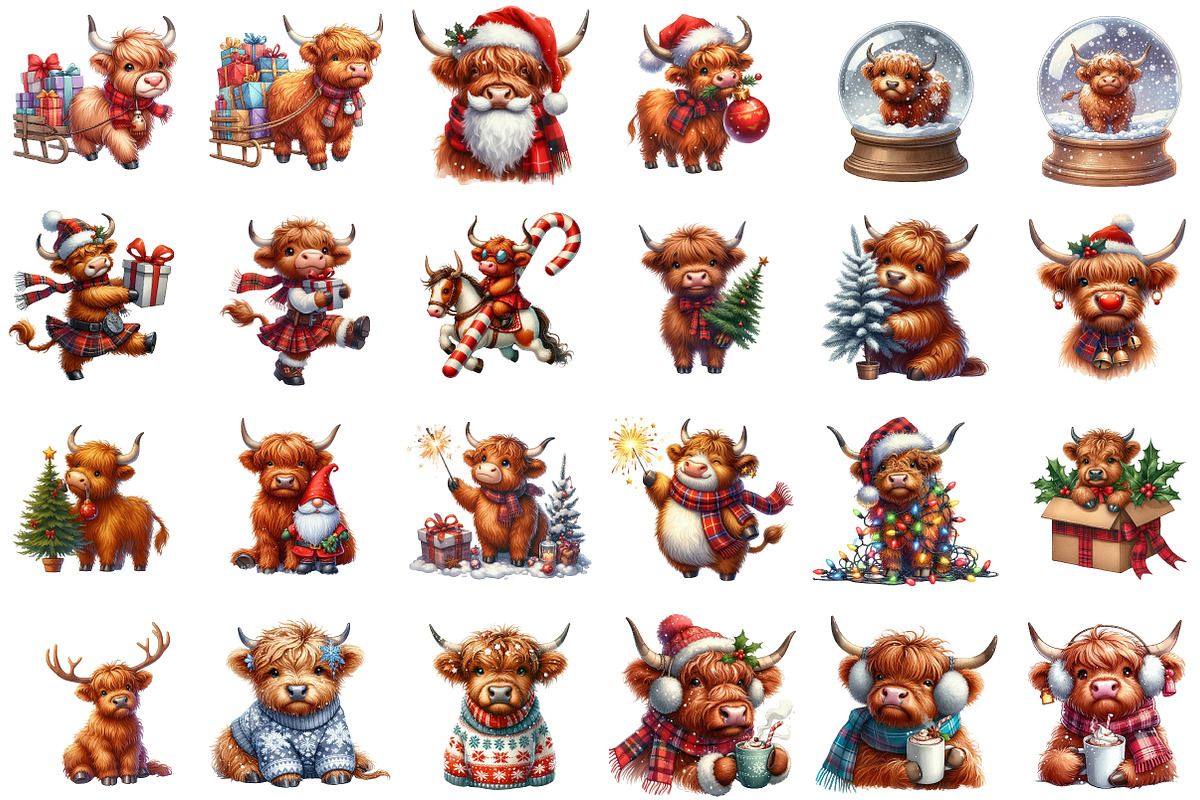 Christmas Highland Cow Clipart Bundl, an Illustration by Sublimation Artist (Photo 2 of 6)