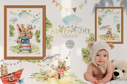 SALE Summer baby bear trip clipart, an Animal Illustration by 60secondsArt