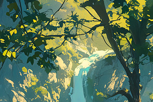 Two children admiring a beautiful waterfall in a serene forest setting, an Illustration by AS photostudio