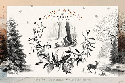 Snowy Winter - vintage illustrations, an Illustration by Pamyatka Shop