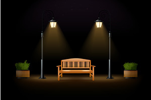 Night street bench. Realistic wooden, an Illustration by Stock-Smart-Start