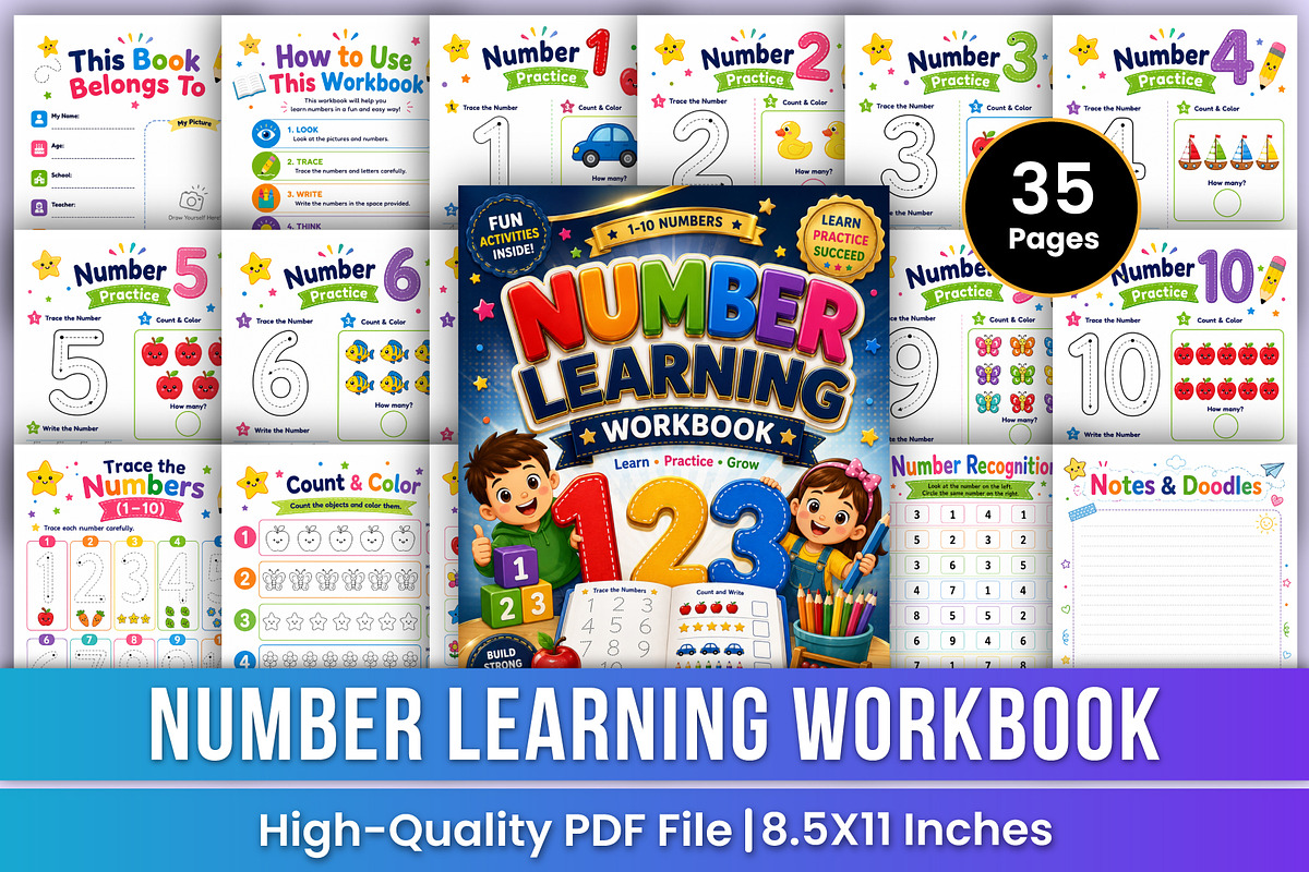 Number Learning Workbook | Math, a Stationery Template by Mustafiz (Photo 1 of 5)