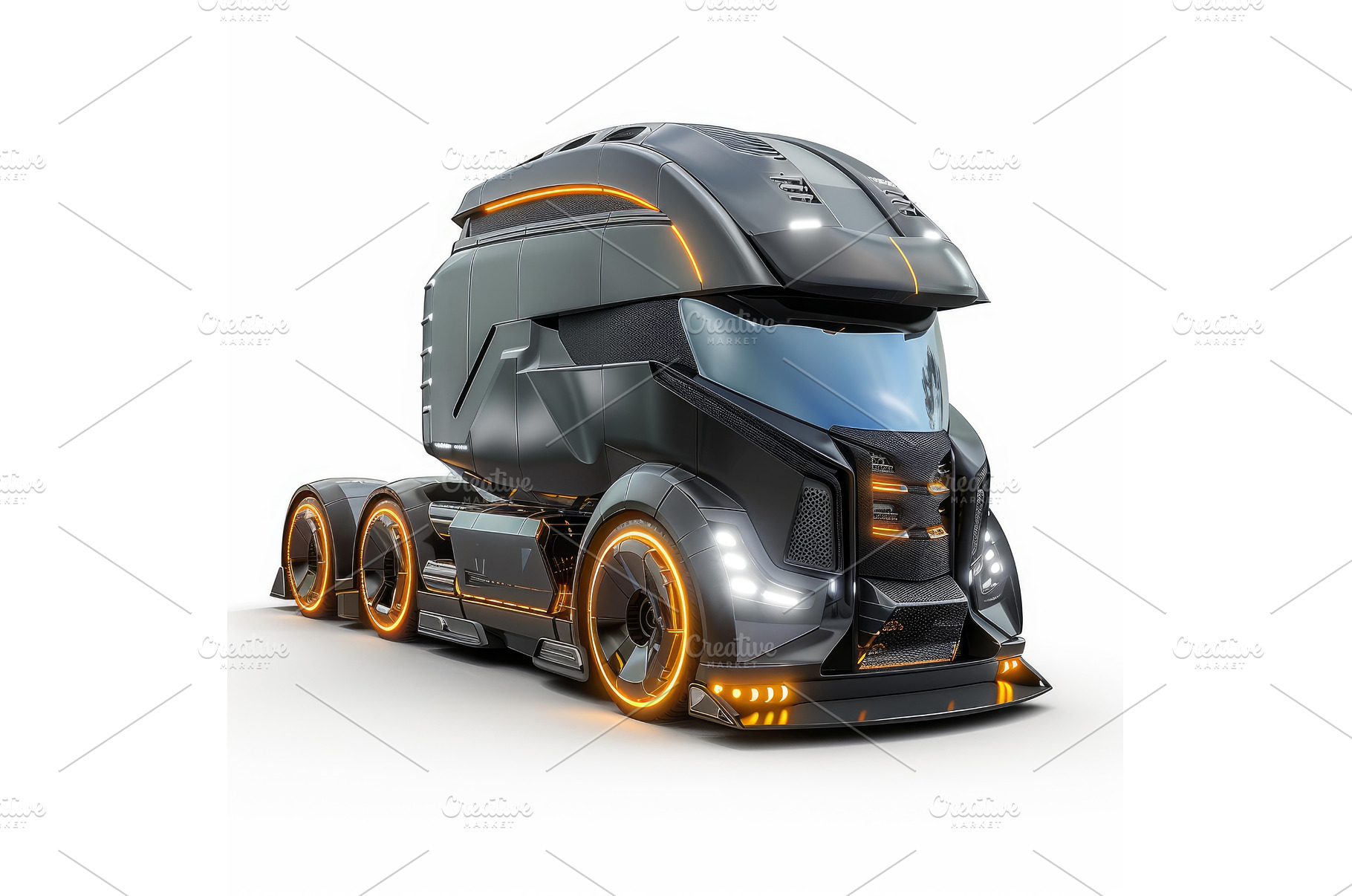 Black futuristic semi trailer truck, a Transportation Photo by Ylivdesign