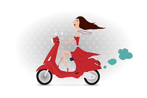 Girl Riding Vespa. Vector.
