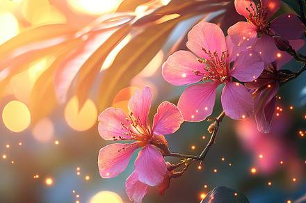 Beautiful blooming pink flowers with soft glow in a garden at sunset, a Nature Photo by AlyaAnd