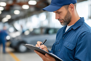 Car mechanic in uniform writes on a, a Transportation Photo by MistyDay