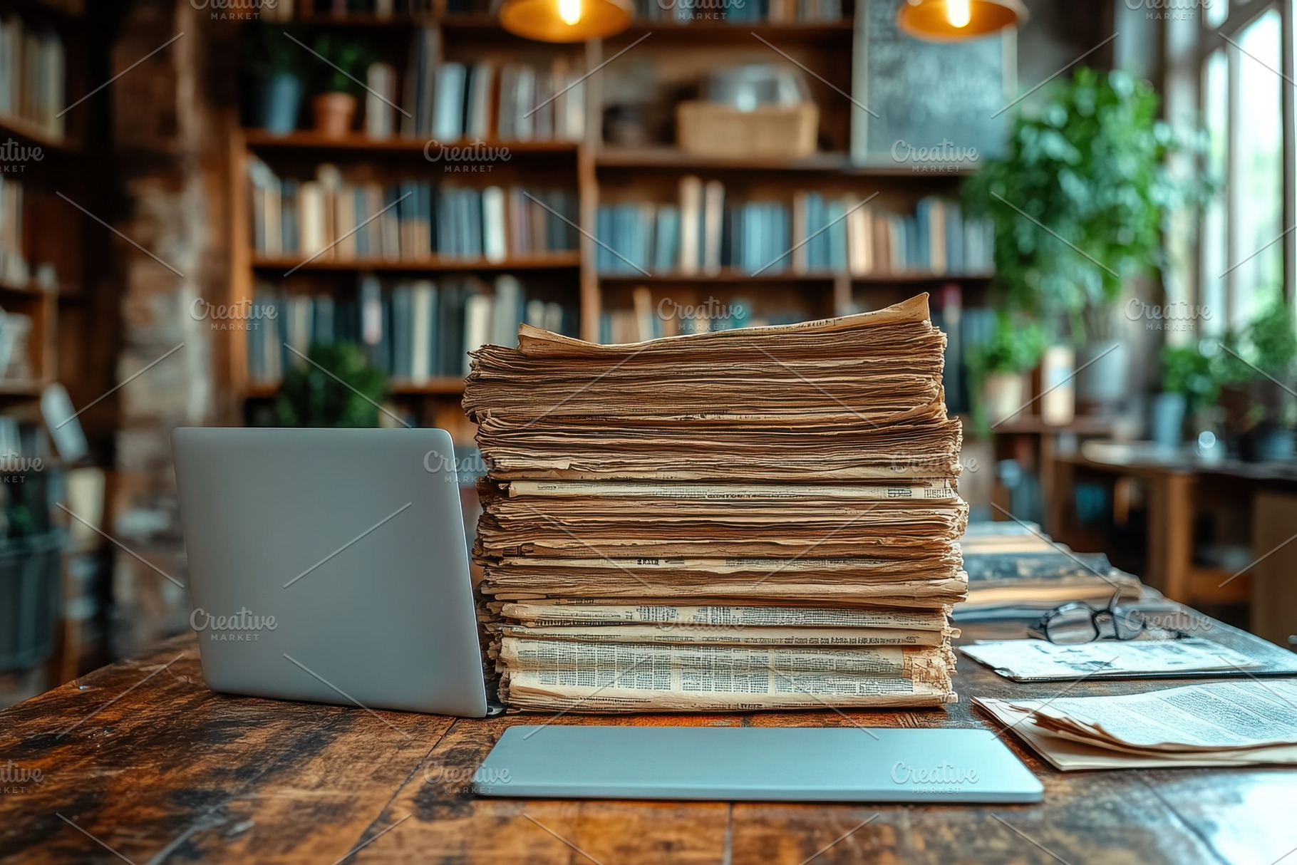 Stacked antique papers beside a mode, a Photo by Tanuart