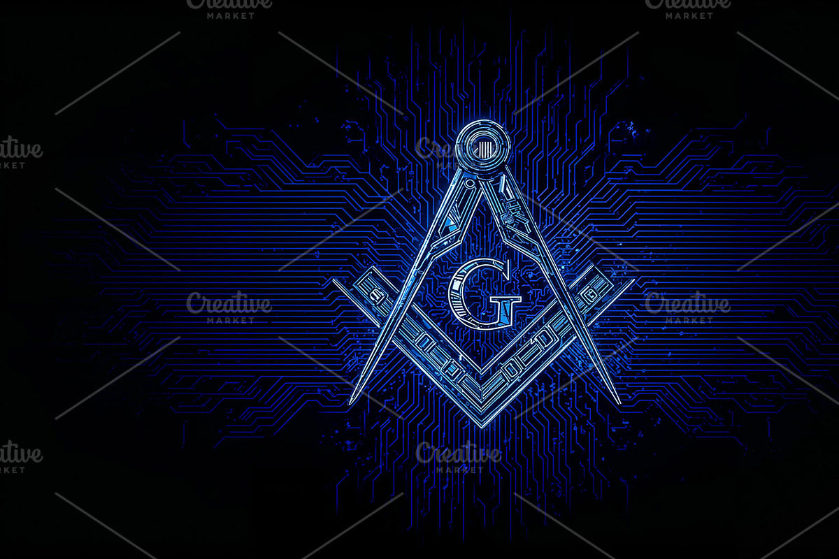 Neon-blue square and compass symbol, an Illustration by wavebreak