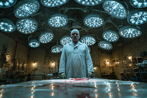 Doctor in dimly lit operating room with many glowing surgical lights, a Health & Medical Photo by AS photostudio