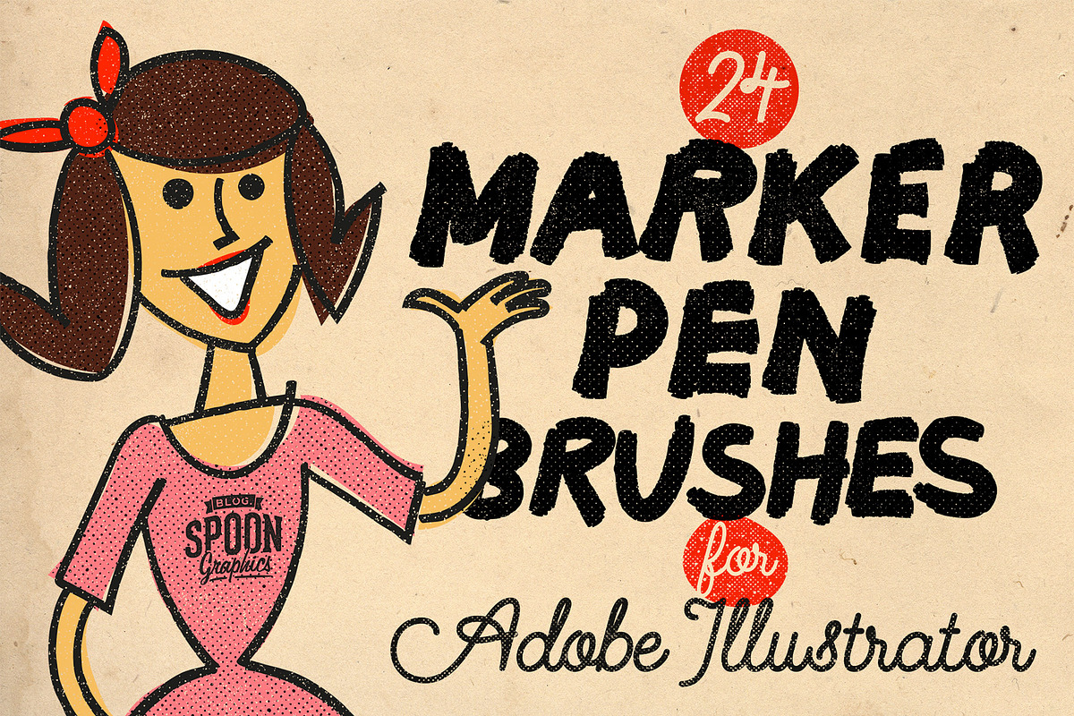 24 Marker Pen Illustrator Brushes, a Brush Add-On by Spoon Graphics (Photo 1 of 2)