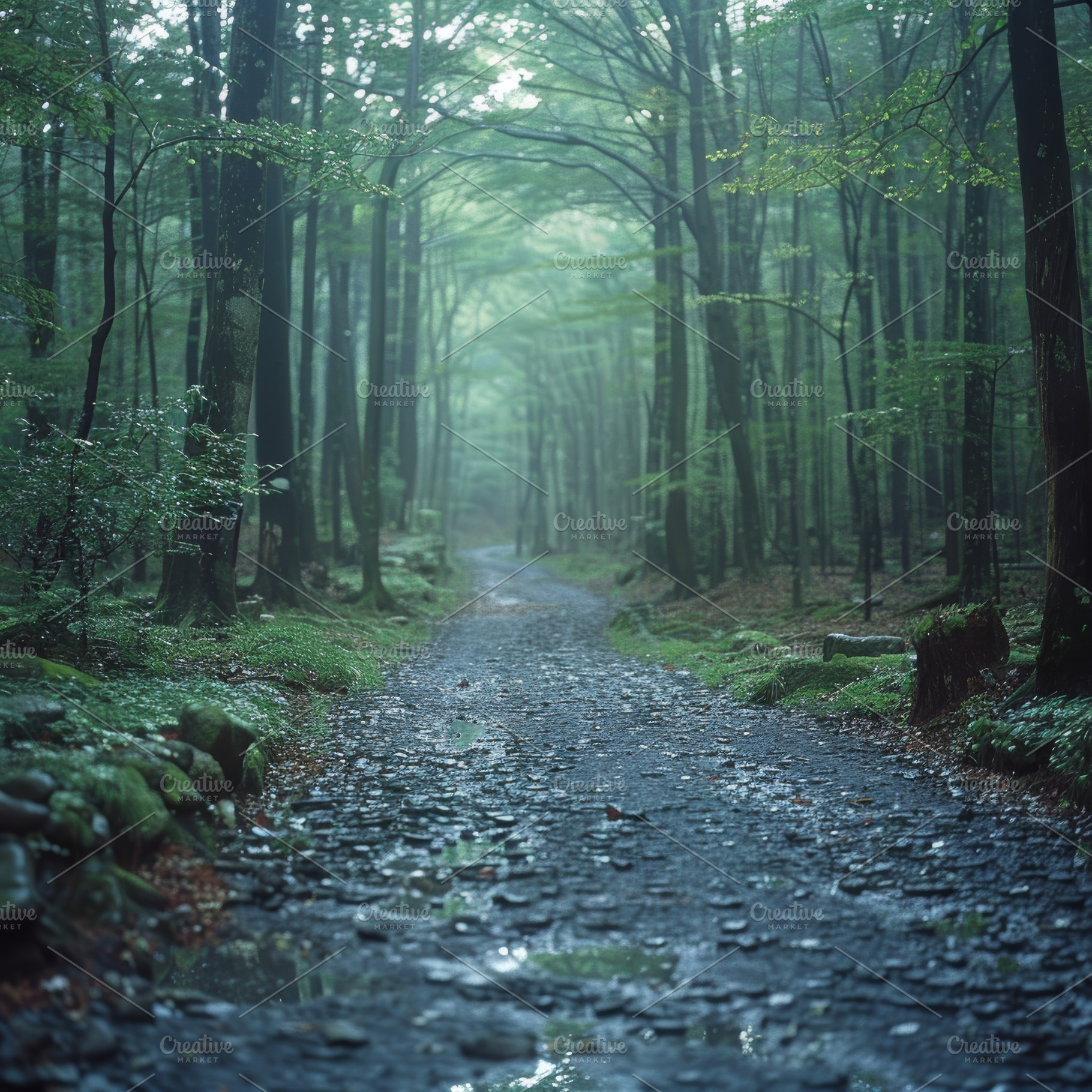 A tranquil forest with a winding path through lush green trees, a Photo by AS photostudio