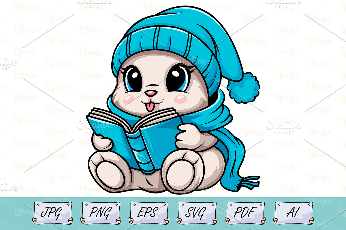 Kawaii Bunny Reading Book Vector, an Animal Illustration by Ghagra (Photo 1 of 3)