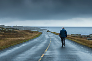 Senior man walks alone on a road, a Photo by MistyDay