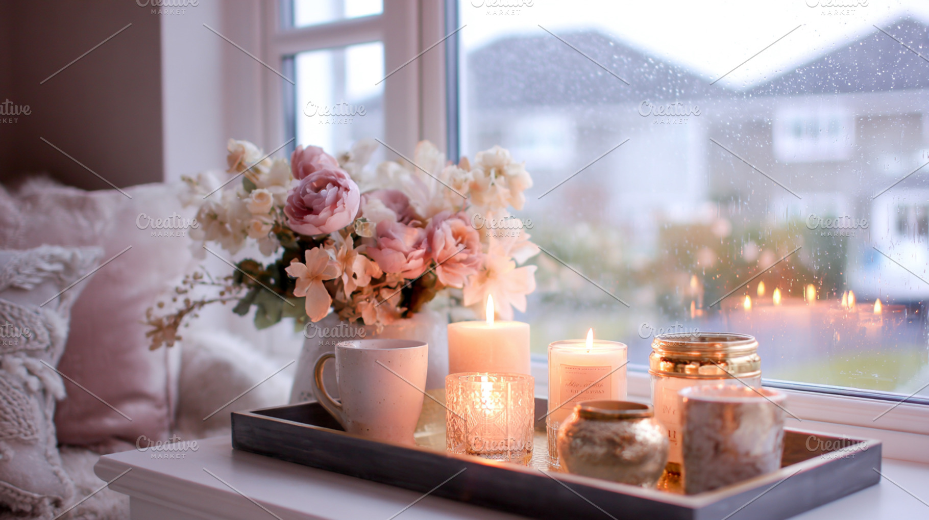 Cozy home window ledge scene with lit candles, flowers, and a mug welcoming a r, a Photo by Studio ANNA