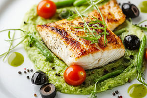 Grilled Fish Fillet on Green Puree with Fresh Vegetables, a Photo by Natalia Klenova's Shop