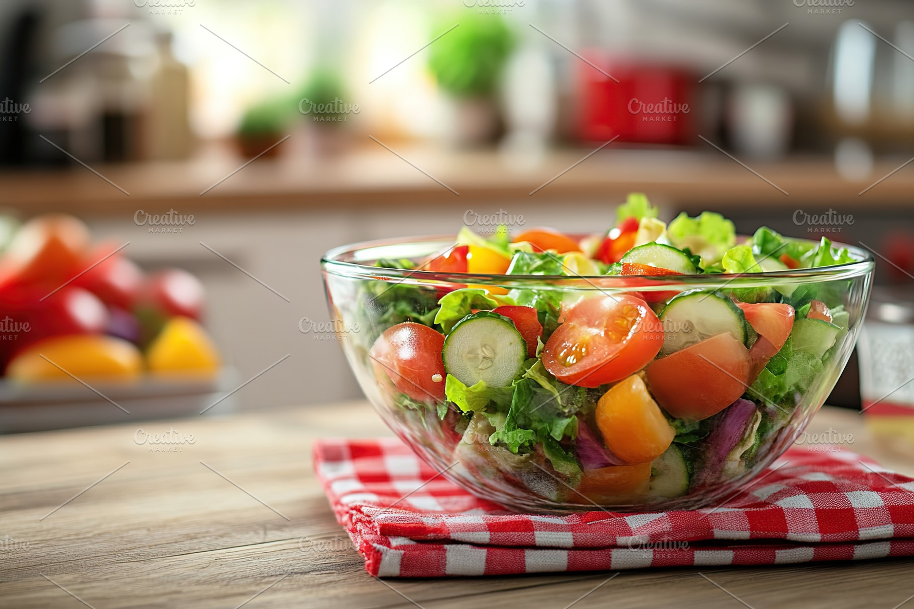 Fresh salad with vegetables in bowl, organic healthy food, a Food & Drink Photo by AlyaAnd