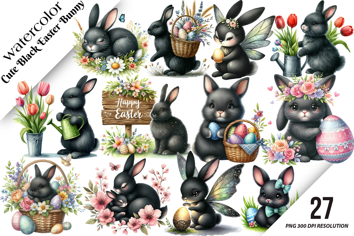 Cute Black Easter Bunny Clipart, an Illustration by DreamArtGraphic (Photo 1 of 4)