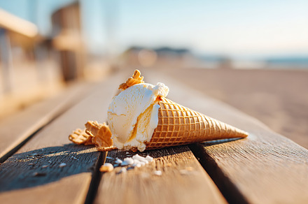 Melting vanilla ice cream cone sits on wooden surface by the beach during sunse, a Food & Drink Photo by AlyaAnd