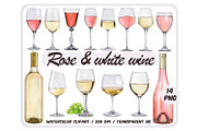 Watercolor white & rose wine clipart, a Food Illustration by ArtfulStudio (Thumbnail 1 of 9)