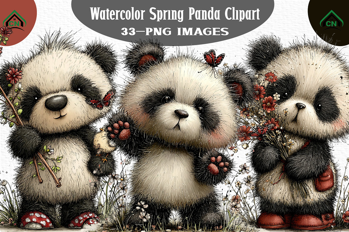 Watercolor Spring Panda Clipart, an Illustration by Craft Nest (Photo 1 of 11)