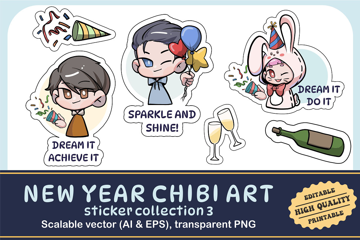 New Year Chibi Art Sticker Set 3, an Illustration by vectstudio (Photo 1 of 3)