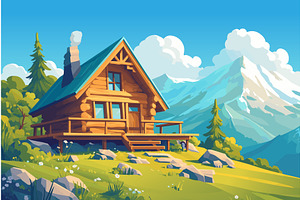 Cartoon wooden hut in the mountains, an Illustration by LadadikArt
