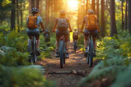 Bikers navigate a serene forest trai, a Photo by Tanuart