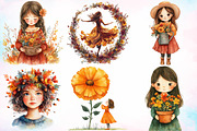 Girls with Fall Flowers Clipart PNG, a Seasonal Illustration by Canvas Craft (Thumbnail 3 of 7)