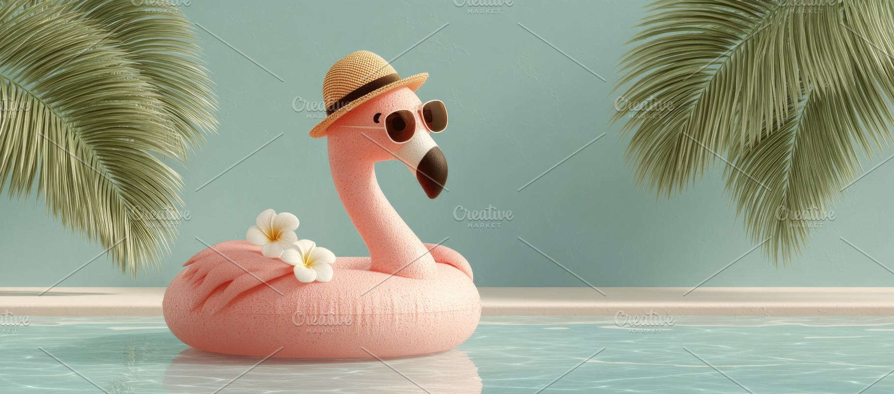 Pink Flamingo Pool Float with Sunglasses and Straw Hat in Tropic, a Nature Photo by José Manuel Gelpi