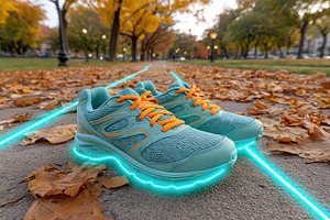 Running trail map visualization on a path with sneakers in an autumn park setti, a Photo by AlyaAnd