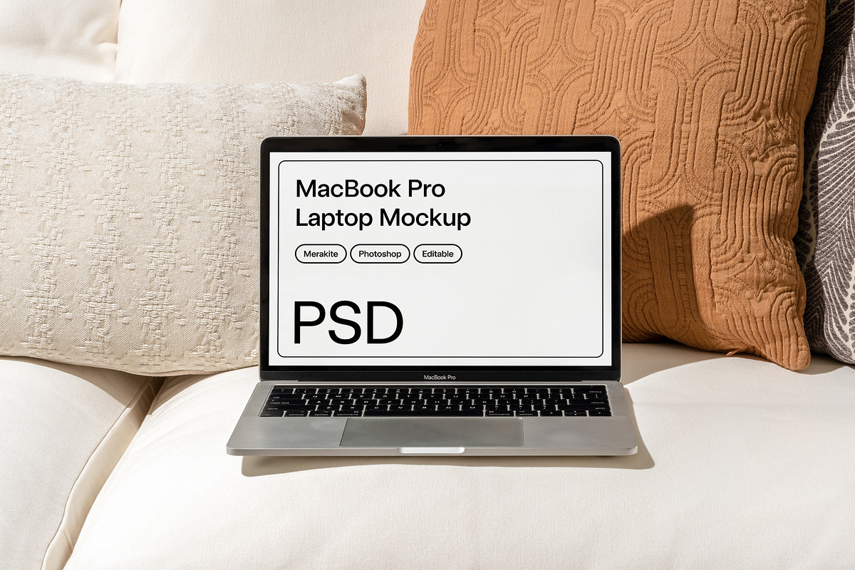 MacBook Pro Laptop Mockup on Sofa, a Books & Magazine Mockup by Area Mockups (Photo 1 of 2)
