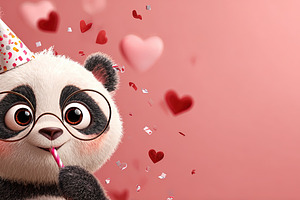 Adorable cartoon panda wearing a party hat with heart confetti o, an Animal Photo by Ales Munt