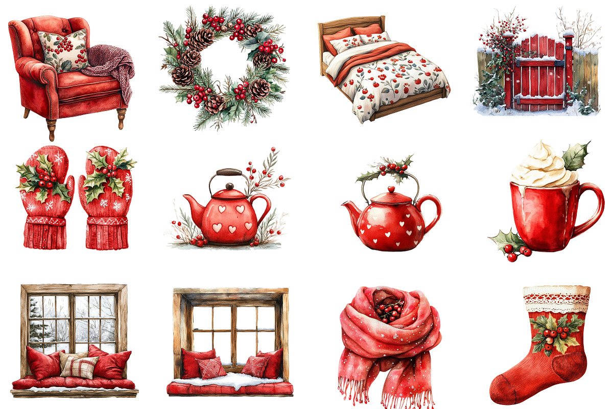 Watercolor Cozy Berry Winter Cottage, an Illustration by Designworld (Photo 2 of 6)