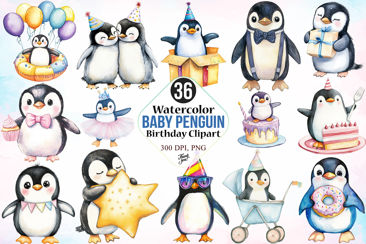 Watercolor Cute Baby Penguin Birthda, an Animal Illustration by Canvas Craft (Photo 1 of 3)