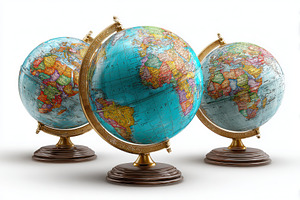 Three antique globes showcase world, a Photo by Pixeness Studio