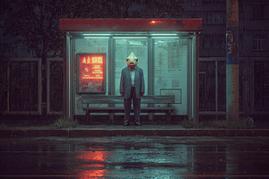 A person in a suit with a paper bag mask stands alone at an illu, an Abstract Photo by Ales Munt