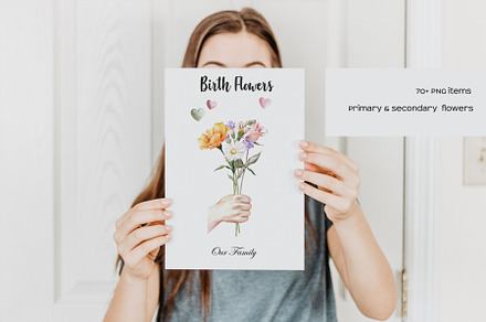 Watercolor birth month flowers set