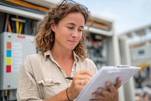Smiling woman writing on clipboard in an industrial setting, an Industrial Photo by AlyaAnd