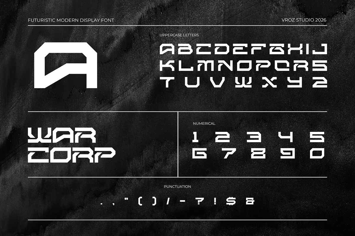 WARCORP – Futuristic Display Font, a Sans Serif Font by Vroz Studio (Photo 2 of 8)
