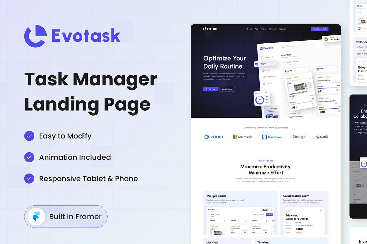 Evotask - Framer Template, a Landing Page Template by Agensip Design Agency (Photo 1 of 10)