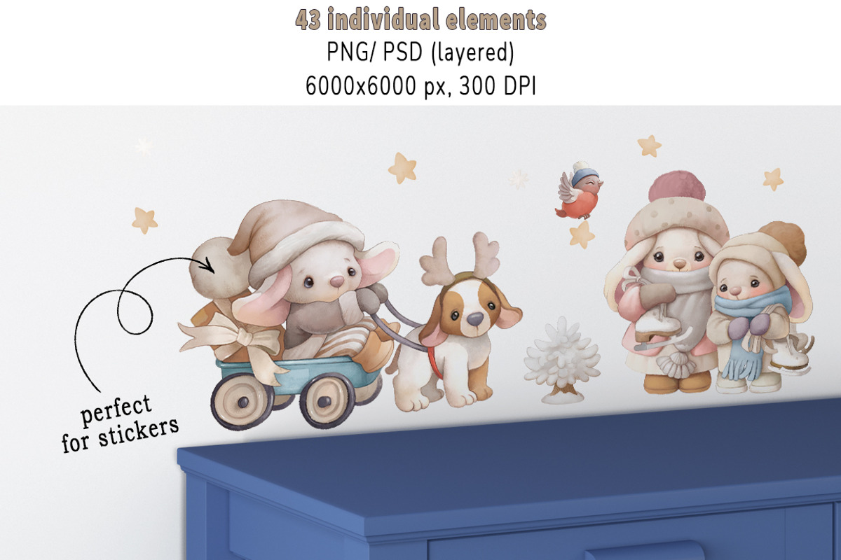 Watercolor Christmas baby rabbit Set, a Seasonal Illustration by TanyaSchuka (Photo 2 of 11)