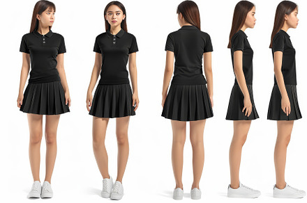 A young woman showcases a chic black, a Photo by Tanuart