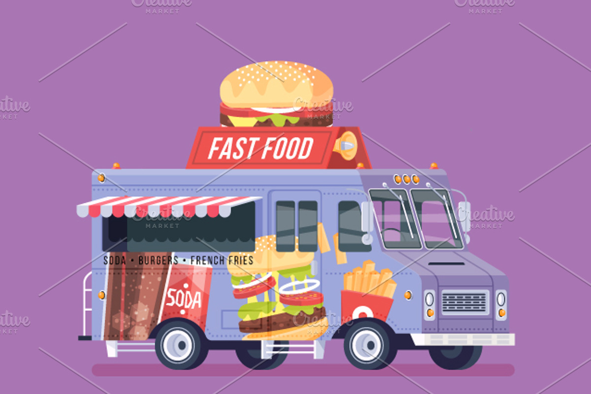 Cartoon Food Truck - Fast Food, a Food Illustration by painterr, image size:1200x800