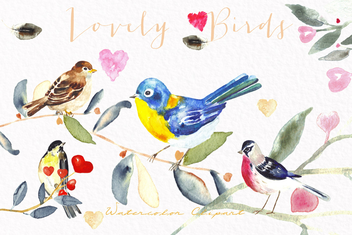 Valentines  birds.watercolor clipart, an Illustration by LABFcreations (Photo 1 of 6)